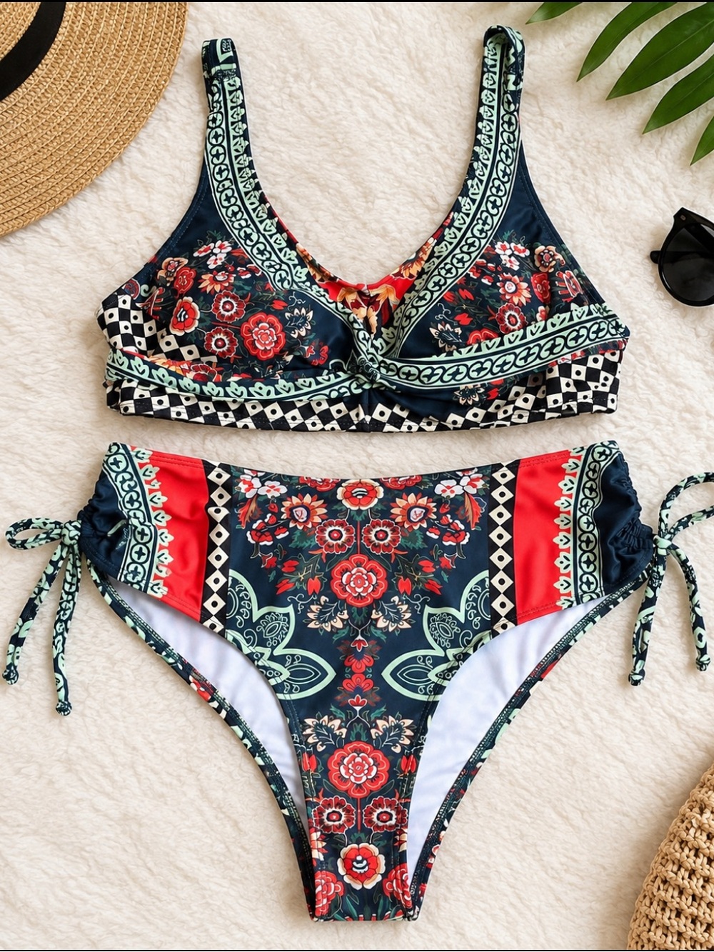 Cupshe Navy Floral Bandana Print Bikini with Red Accents